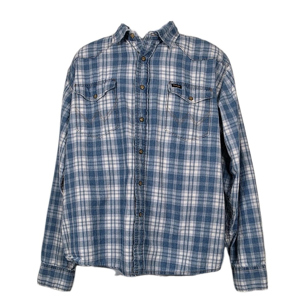 Wrangler Men's Long Sleeve Blue Plaid Pearl Snap Buttons XL